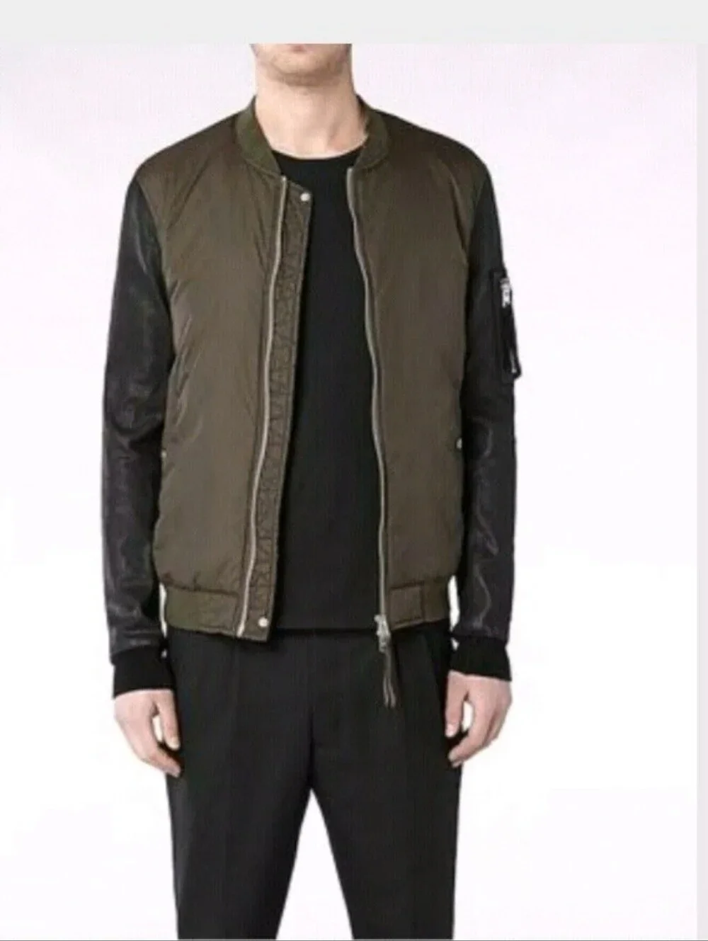 Men's AlI Saints Army Green Black MANTA Leather sleeves Bomber Jacket XL NWOT